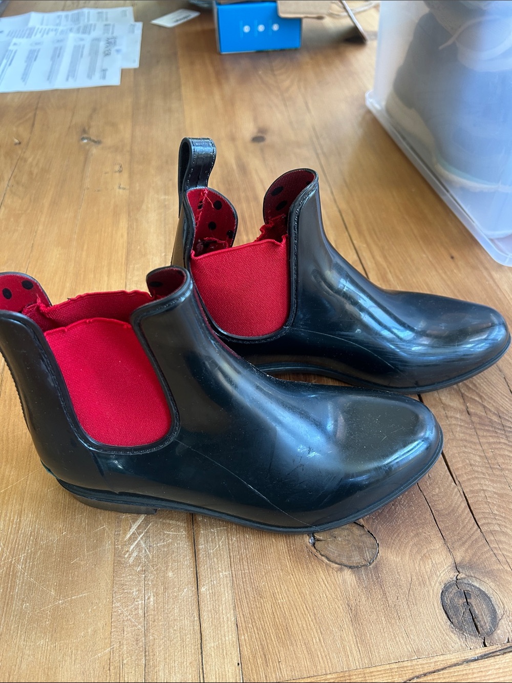 Ralph Lauren Black Chelsea Rain Boots with Red Elastic Panels